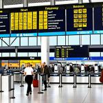 **A bustling airport terminal in Germany. Focus on passengers navigating with the help of an airport app on their phones. Include detailed signage and architecture typical of German airports, conveying a sense of organized efficiency. Depict people of diverse backgrounds.**