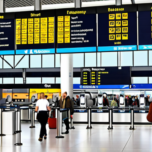**A bustling airport terminal in Germany. Focus on passengers navigating with the help of an airport app on their phones. Include detailed signage and architecture typical of German airports, conveying a sense of organized efficiency. Depict people of diverse backgrounds.**