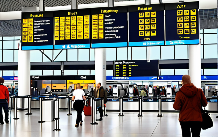 **A bustling airport terminal in Germany. Focus on passengers navigating with the help of an airport app on their phones. Include detailed signage and architecture typical of German airports, conveying a sense of organized efficiency. Depict people of diverse backgrounds.**