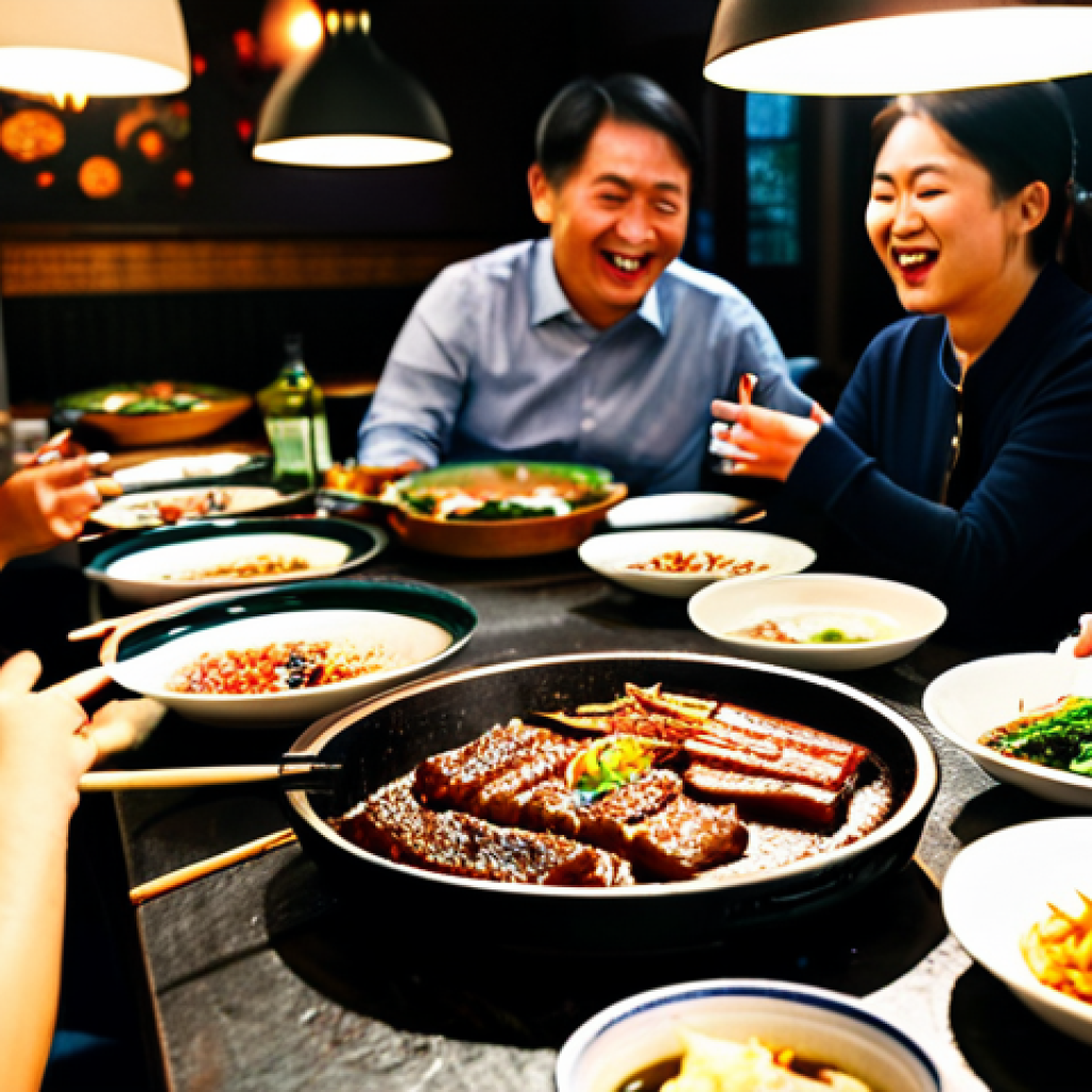 **

"A bustling Korean BBQ restaurant scene in Berlin, Germany. Focus on a table laden with sizzling meat on a grill, various colorful side dishes (banchan) in small bowls, and soju bottles. People are laughing and engaging in conversation around the table. Warm, inviting lighting. Safe for work, appropriate content, fully clothed, professional photography, high quality."

**