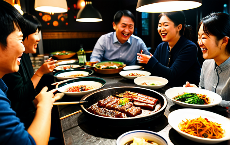 **
"A bustling Korean BBQ restaurant scene in Berlin, Germany. Focus on a table laden with sizzling meat on a grill, various colorful side dishes (banchan) in small bowls, and soju bottles. People are laughing and engaging in conversation around the table. Warm, inviting lighting. Safe for work, appropriate content, fully clothed, professional photography, high quality."
**