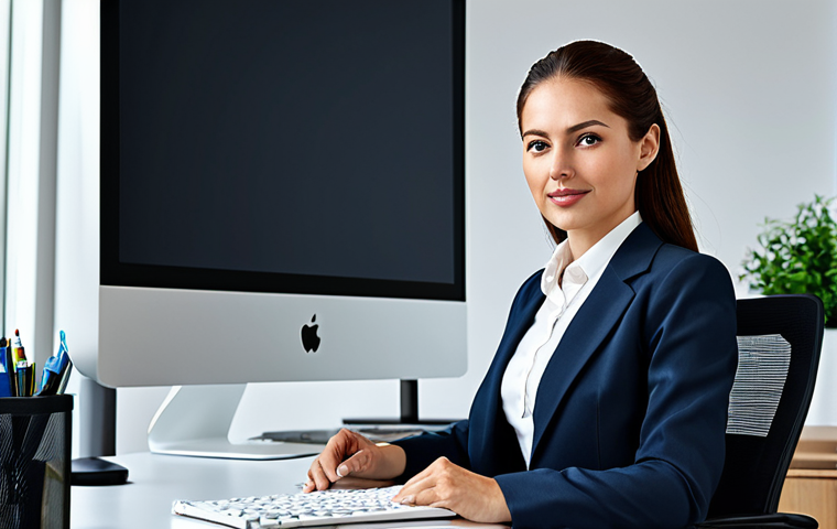 독일에서 휴대폰 개통하는 법 - Professional Woman in Office**
"A professional businesswoman in a modest business suit, sitting at ...