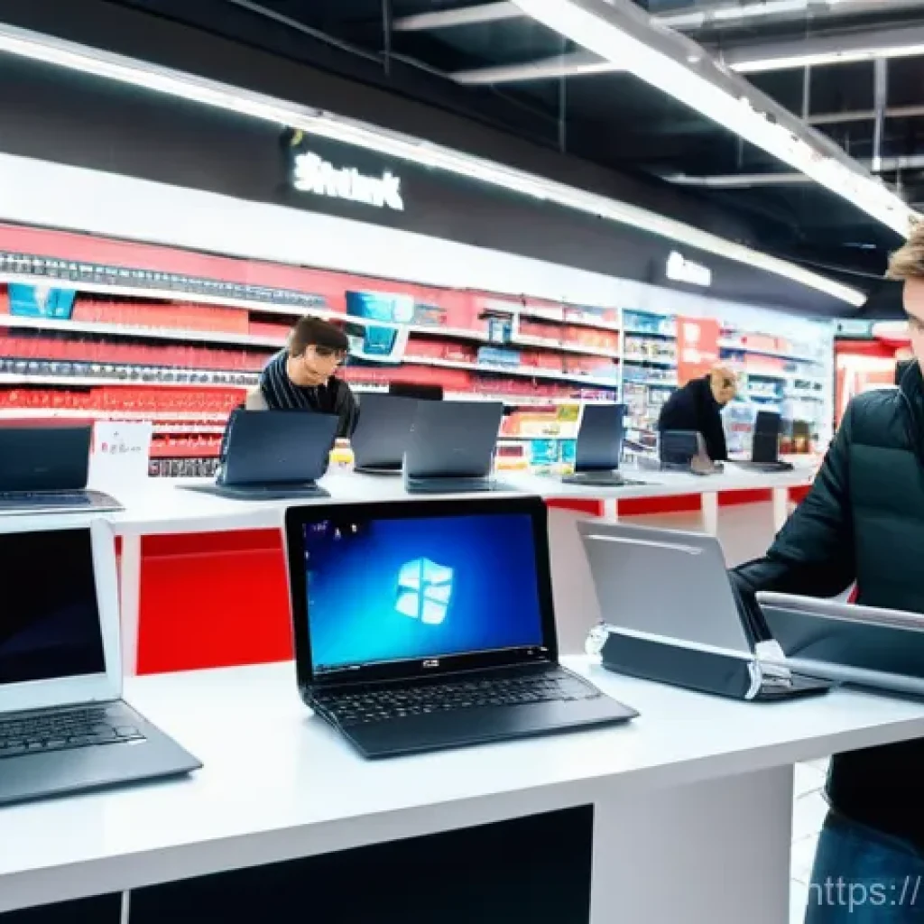 독일에서 노트북 사기 좋은 곳 - Offline Laptop Shopping Experience in Germany**
"A lively, brightly lit interior of a modern German...