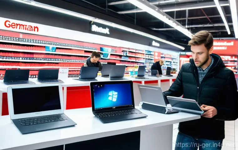 독일에서 노트북 사기 좋은 곳 - Offline Laptop Shopping Experience in Germany**
"A lively, brightly lit interior of a modern German...