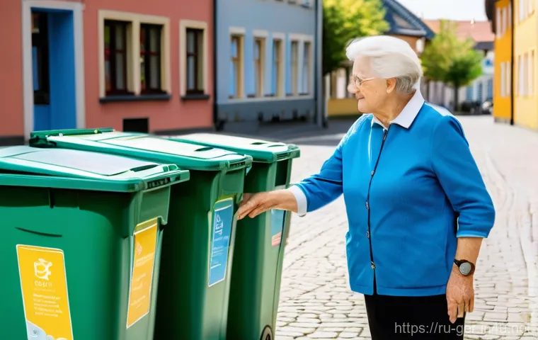 독일의 리사이클링 시스템 - **Prompt 1: The First Lesson in German Waste Sorting**
"A bright, sunny morning in a neat, order...