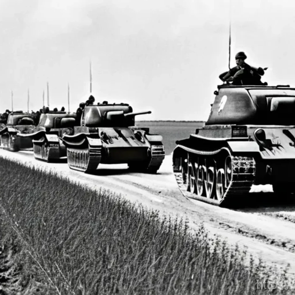 제2차 세계대전 독일 전황 - A dynamic, wide-angle shot of a German Panzer division rapidly advancing through a rural European la...