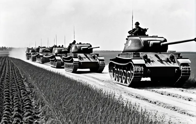 제2차 세계대전 독일 전황 - A dynamic, wide-angle shot of a German Panzer division rapidly advancing through a rural European la...