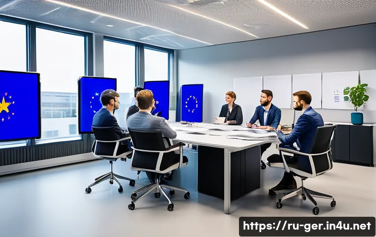 독일에서 일할 때 필요한 비자 종류 - A modern office setting in Germany showing a diverse group of highly skilled professionals—engineers...