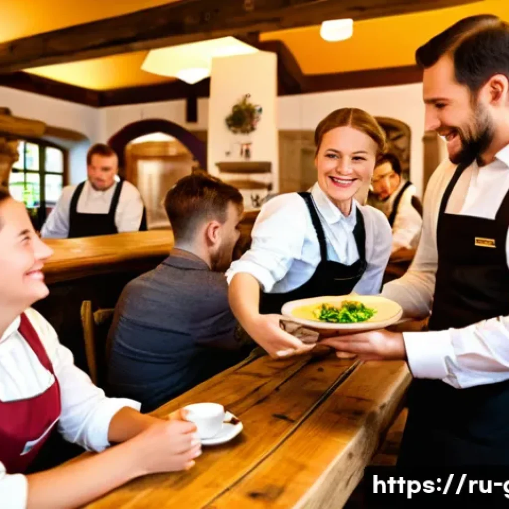 독일에서 팁 문화 이해하기 - A cozy Bavarian restaurant interior with friendly waitstaff dressed in traditional attire, warmly in...