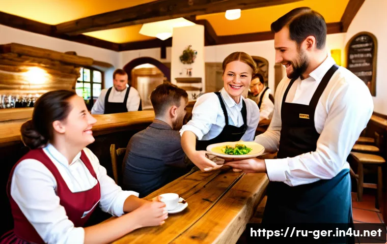 독일에서 팁 문화 이해하기 - A cozy Bavarian restaurant interior with friendly waitstaff dressed in traditional attire, warmly in...