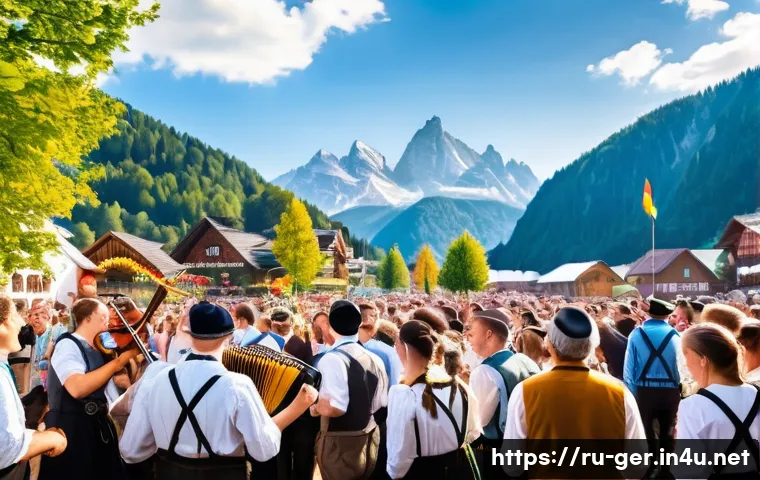 독일에서 전통 음악 듣기 - A lively Bavarian folk music festival scene during Oktoberfest, featuring musicians playing traditio...