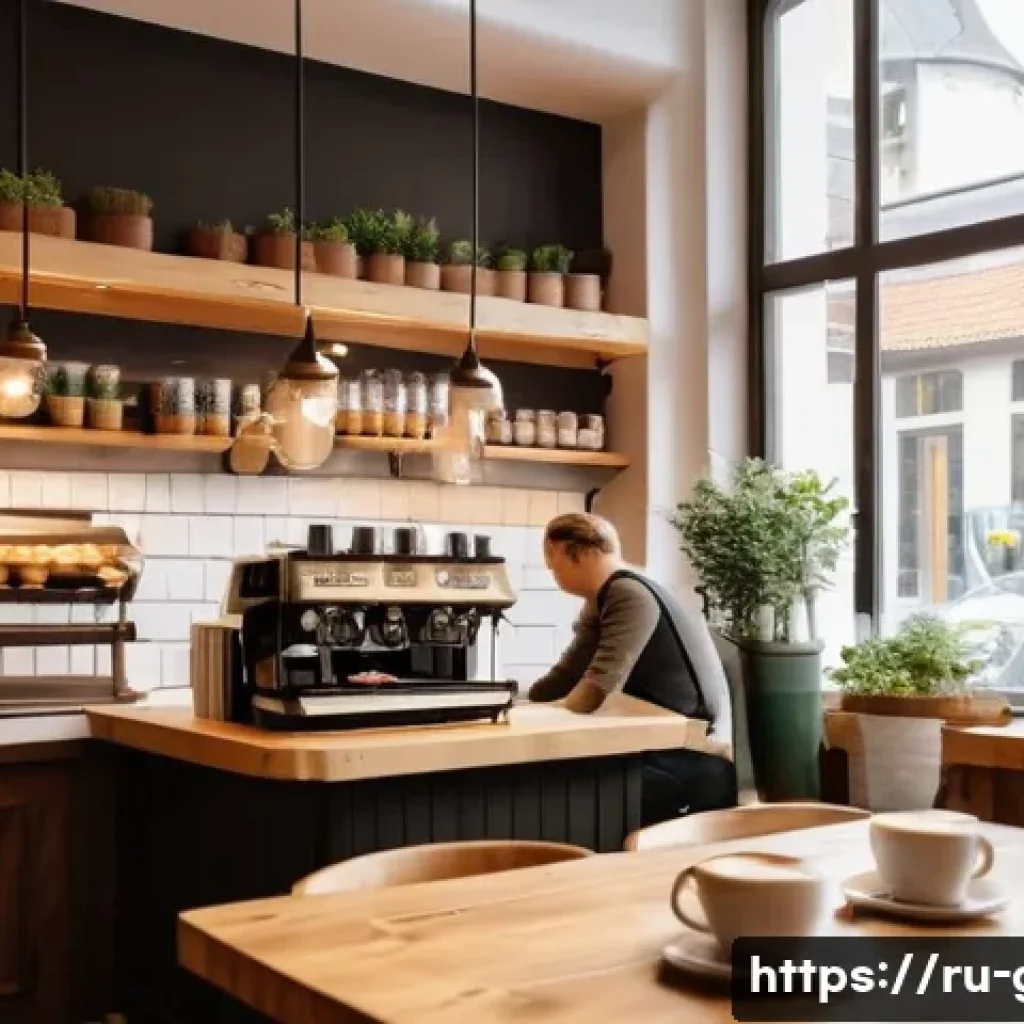 독일의 커피 문화 - A cozy German coffee shop interior featuring Scandinavian design elements with soft lighting and com...