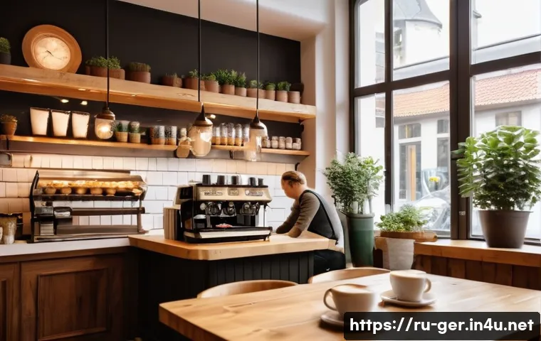 독일의 커피 문화 - A cozy German coffee shop interior featuring Scandinavian design elements with soft lighting and com...