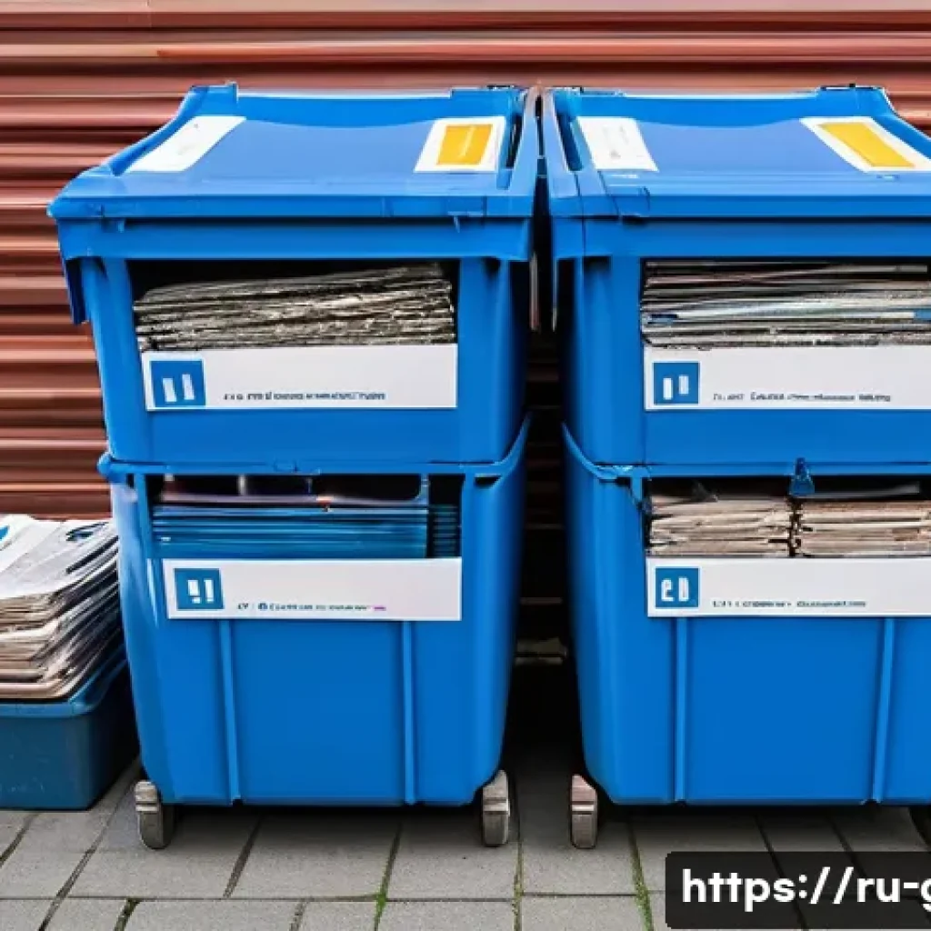 독일에서 쓰레기 분리수거하는 법 - A detailed scene of a typical German residential area recycling station featuring distinct blue cont...