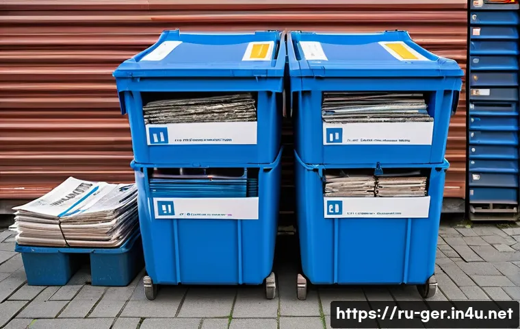 독일에서 쓰레기 분리수거하는 법 - A detailed scene of a typical German residential area recycling station featuring distinct blue cont...