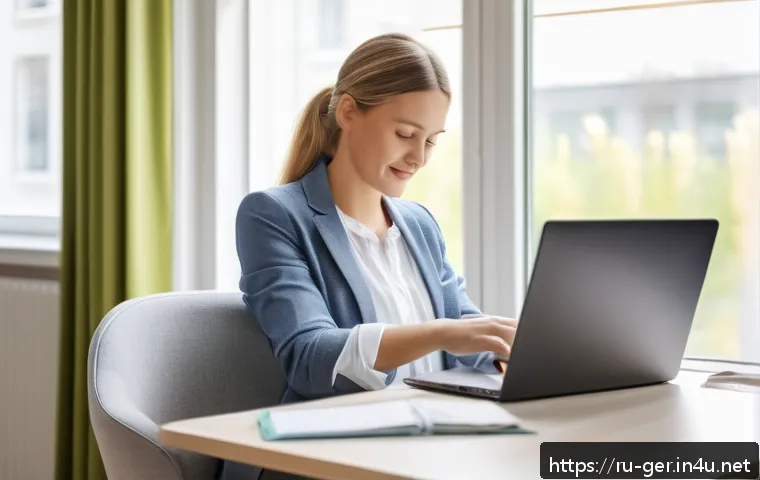 독일에서 아이 키우는 환경 - A modern German office environment showcasing a young mother working flexibly on her laptop at a coz...