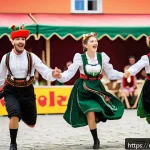 독일 민속 춤 - A vibrant Bavarian folk dance scene featuring dancers in traditional lederhosen and dirndl costumes ...