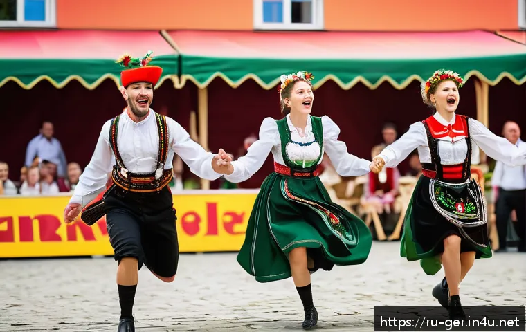 독일 민속 춤 - A vibrant Bavarian folk dance scene featuring dancers in traditional lederhosen and dirndl costumes ...