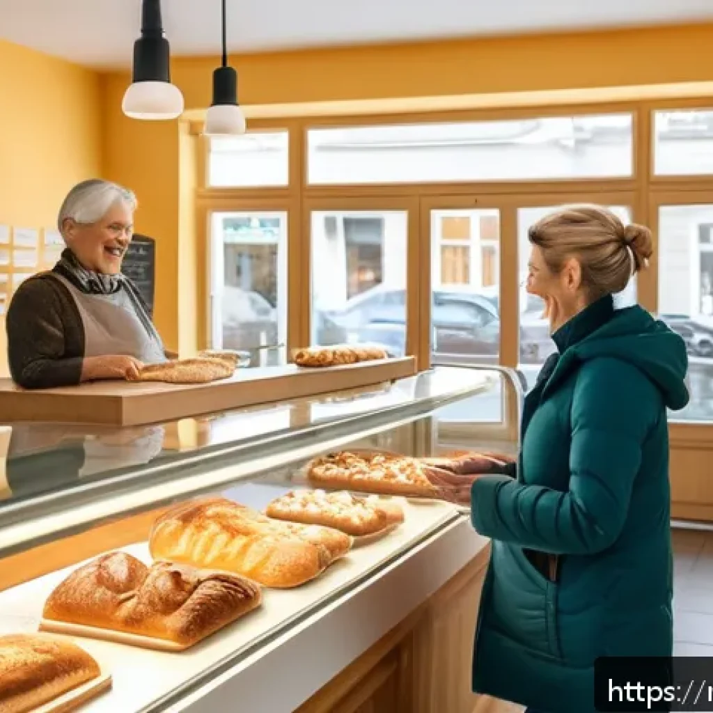 독일 관광 필수 회화 - A friendly scene inside a German bakery shop, showing a polite customer greeting the cashier with a ...