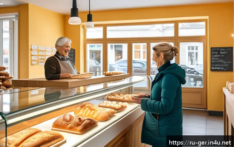 독일 관광 필수 회화 - A friendly scene inside a German bakery shop, showing a polite customer greeting the cashier with a ...