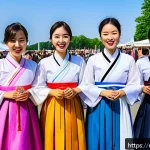 독일 내 한인 커뮤니티 - A vibrant outdoor cultural festival in Germany celebrating Asian heritage, featuring colorful stalls...