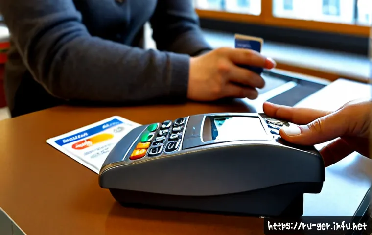 Home 17 독일에서의 신용카드 사용법 - Photorealistic close-up of a Russian-speaking traveler in Germany making a contactless credit card p...